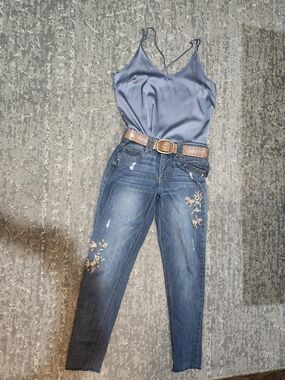 Democracy Blue Skinny Jeans with Gold Floral Embroidery